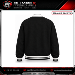 Veste bomber varsity noire pour homme avec logo personnalisé OEM, boutons pression brodés, style universitaire, avec bordure côtelée rayée - Product Image 5
