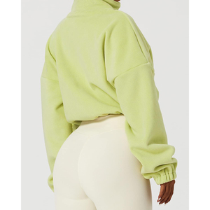 Nueva Llegada Sudadera Corta con Cierre para Mujer, Color Verde Lima, 100% Algodón, Secado Rápido, Cuello Alto, Hombros Caídos, Manga Larga - Product Image 2