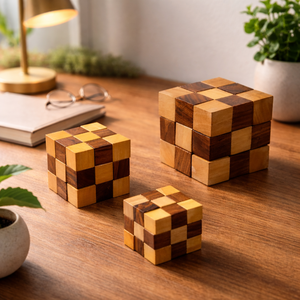 Premium Indian Rosewood Cube Puzzle Set of 3 | Handmade Wooden Brain Teaser IQ Blocks | Tabletop <b>Desk</b> Decor | Educational Gift - Product Image 2