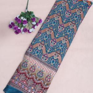Peacock <b>Teal</b> Floral Lightweight Crepe Embroidery Fabric 54 Inch Designer Daman Border Yardage Kurti Anarkali Gown Salwar <b>Suit</b> - Product Image 2