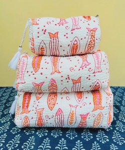 Lot de 10 trousses de toilette et de maquillage pliables en coton indien imprimé au bloc, résistantes à l'eau, pour salle de bain et voyage, style vintage bohème - Product Image 2