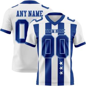 เสื้อฟุตบอลอเมริกันสีขาวน้ำเงินขายดีที่สุด ผลิตจากโพลีเอสเตอร์ 100% ผ้าตาข่ายแบบเบิร์ดอาย  รับสกรีนโลโก้ ชื่อทีม หมายเลขผู้เล่น ไซส์ XS-7XL รับผลิตแบบ OEM - Product Image 1