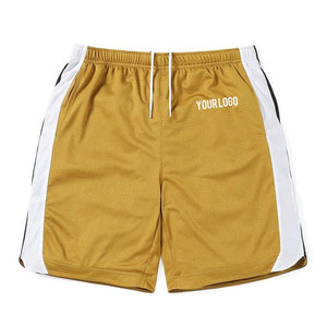 Shorts de basketball pour hommes en maille dorée avec bande latérale blanche, taille à cordon de serrage, séchage rapide, vêtements de sport décontractés, logo placé sur la jambe droite - Product Image 1
