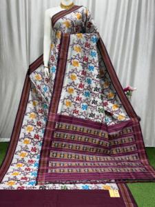 Traditional Indian <b>Red</b> Cotton <b>Saree</b> With Hand Drawn Floral Print For Women Wedding Wear Floor-Length Regular Fit - Product Image 3