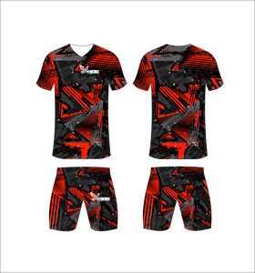 Conjunto de Uniforme de Fútbol Sublimado para Hombre, Diseño Geométrico Rojo y Negro, Cuello en V, Secado Rápido, Pantalones Cortos Deportivos - Product Image 1