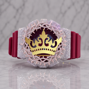 Custom Luxury Thorn Design Watch for Men, Burgundy Rubber Strap, Fully Iced Out Moissanite Watch - Product Image 1