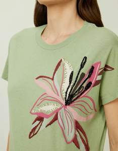 T-shirt en jersey de coton beige pour femme, manches courtes, orné de perles et de strass en forme de palmier, haut décontracté d'été à col rond pour femme - Product Image 2