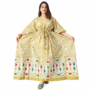 Robe Kaftan en Coton Imprimé pour Femme, Style Floral Ethnique Bohème, Tenue de Plage et de Vacances, Coupe Ample Maxi, Vêtement d'Été - Product Image 1