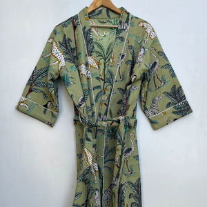 Bata de Baño Kimono de Algodón con Tejido Waffle y Estampado Floral para Spa y Descanso - Product Image 1