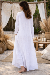Vestido maxi caftán de lino blanco y algodón para mujer, holgado, con cuello en V, largo, estilo playero, bohemio, talla grande, para resort, informal. - Product Image 3