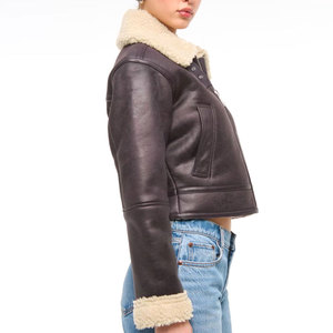 Women's Genuine Leather <b>Bomber</b> <b>Jacket</b> With Fur Trim Zipper Closure Short Length Winter Style - Product Image 5