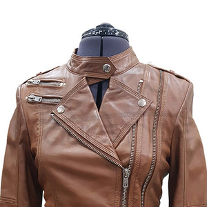 <b>Leather</b> <b>Jackets</b> Wholesale <b>Brown</b> Genuine <b>Leather</b> Fitted <b>Womens</b> <b>Jacket</b> Mandarin Collar Multi Pockets Custom Biker Winter Windproof - Product Image 4