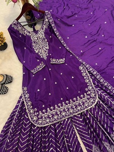 Salwar Kameez <span class=keywords><strong>Etnico</strong></span> da Donna per Feste, in Pura Seta Chinnon, Stile <span class=keywords><strong>Moderno</strong></span>, Asciugatura Rapida, Nuovo Colore, Completo Gharara - Product Image 4