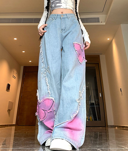 Pantalon en jean évasé décontracté pour femme avec motif autocollant de nouveau design, coupe régulière, style urbain, respirant, séchage rapide, vintage - Product Image 1