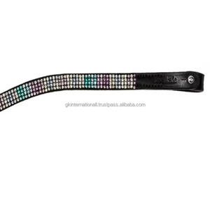 Fancy Small Glittering Stones Diamante Wave Shape Black leather horse brow <b>band</b> with <b>snap</b> button loop end - Product Image 1