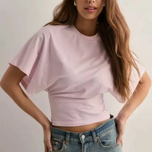 Women's Gray Cap Sleeve Crop <b>Top</b> Crew Neck Minimalist Knitted Spandex Polyester Loose Fit Breathable Spring Summer T-Shirt OEM - Product Image 2