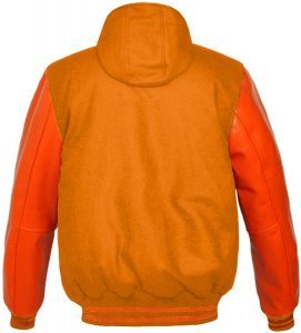 Custom Men Orange Hooded Varsity <b>Jacket</b> With Orange <b>Leather</b> Sleeve Letterman <b>Jacket</b> - Product Image 2