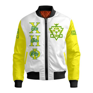 เสื้อแจ็คเก็ตบอมเบอร์ Chi Eta Phi สำหรับผู้ชาย สีขาวพิมพ์ลายตัวอักษรสีเหลือง 32 Service For Humanity ซิปด้านหน้า สไตล์ลำลอง - Product Image 2