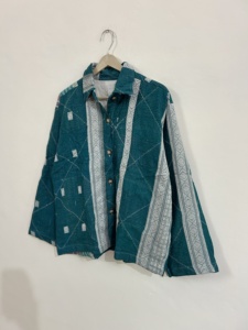 Blazer de algodón con estampado geométrico color verde azulado, cuello con botones, manga larga, chaqueta de primavera para mujer, diseño tejido y transpirable. - Product Image 6