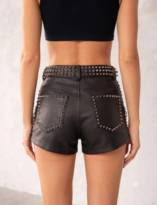 <b>High</b> <b>Waist</b> Studded <b>Leather</b> <b>Shorts</b> With Rivet Details Punk Style <b>Black</b> Women's <b>Shorts</b> - Product Image 5