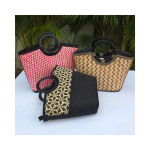 Bolso de Mano de Mimbre de Bambú Ligero y Ecológico para Mujer, Patrón Geométrico/de Pata de Gallo, Forro de Algodón, Asas Dobles, Vietnam - Product Image 1