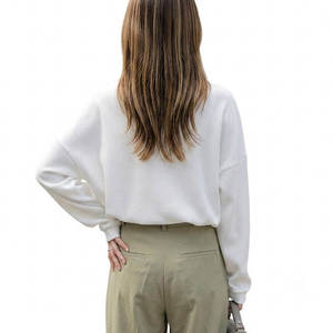 Women's <b>White</b> Oversized Knit Henley Pullover <b>Long</b> <b>Sleeve</b> Cotton <b>Top</b> Button Up Collar Autumn Style - Product Image 5