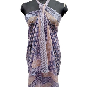 Aqua and Coral Hand Block Print Cotton Sarong <b>Wrap</b> for Women, Lightweight Bikini Cover-Up, Summer <b>Beach</b> & Resort Wear - Product Image 3