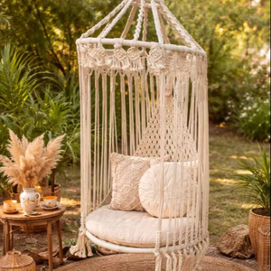 Boho Macrame <b>Hanging</b> <b>Chair</b> – Handmade Cotton Hammock Swing Seat for Garden, Patio & Bohemian Outdoor Decor - Product Image 1