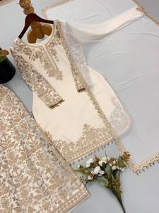 Ensemble de costume traditionnel pour femme en faux georgette crème brodé, longueur cheville, avec dupatta, pour mariage, style Inde Pakistan - Product Image 1