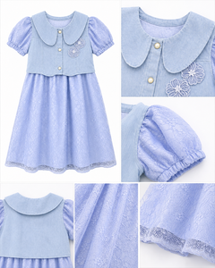Robe élégante en dentelle bleue pour filles avec col Peter Pan et manches bouffantes |   Robe de fête de princesse de boutique - Product Image 3