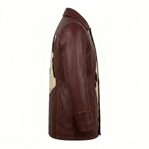 Manteau en cuir véritable bordeaux patchwork en peau de vache avec fourrure pour homme, style western vintage, vente en gros, fabricant Darkry - Product Image 3