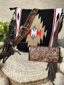 New Western Traditional Style Aztec Tooled Leather Tassel <b>Handbag</b> Women's Color Tooled Embossed Leather Clutch <b>Unique</b> Combo Set - Product Image 6