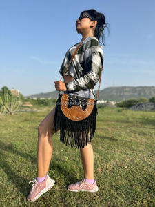 New Hair on Metallic Suede Leather Fringe Cowhide Crescent Purse Women's for Fashionable Hot Selling Barrel Shaped Crossbody Bag - Product Image 5