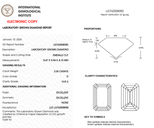 Diamante CVD Cultivado en Laboratorio, Corte Esmeralda, 2.06 Quilates, Color D, Claridad VVS2, Suelto, Sintético, Certificado IGI, para Joyería, India - Product Image 2