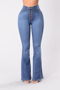 Jean évasé bleu taille haute pour femme, coupe skinny, grande taille, avec boutons, longueur intégrale, décontracté et ample - Product Image 2