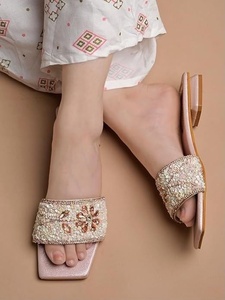 Top Treding Colorful Beaded <b>Slide</b> Sandals Women Flat Embellished Summer Footwear <b>Pink</b> Chevron Pattern Casual Wear Girl and Women - Product Image 3