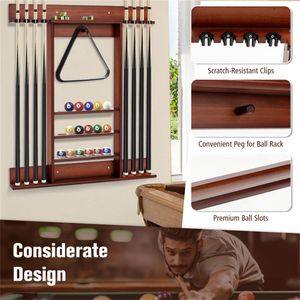 Portastecche da Biliardo da Parete in Legno di Pino Marrone Resistente, Contiene 8 Stecche, 16 Biglie, 5 Scomparti, Scatola Porta Aste in Pelle PU Inclusa - Product Image 2