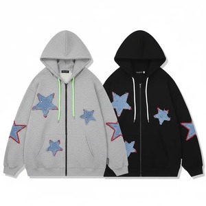 Cardigan en coton respirant 100 % pour homme, style américain, col en V, coupe ample, motif étoile brodé, avec poche, pour l'automne - Product Image 1