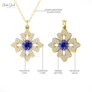Luxury 5MM Cushion Cut Blue Tanzanite Gemstone Floral <b>Pendant</b> 14k <b>Solid</b> <b>Gold</b> Diamond <b>Pendant</b> Fine Jewelry at Manufacturing Price - Product Image 5