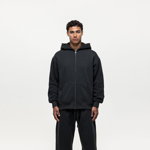 Men's Black Hooded Zip-Up Sweatshirt Full Sleeve Solid Color Casual Loose Fit Cotton <b>Tracksuit</b> Top Autumn Wear - Product Image 3