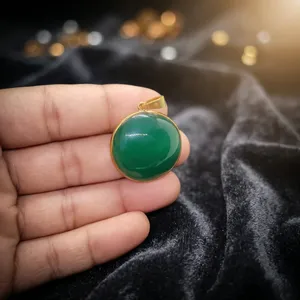 Natural Green Onyx Brass Frame Groove Pendant | Round Green Onyx Cabochon Brass Setting - Product Image 2