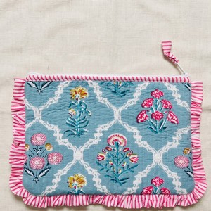 Lovely Floral Quilted Frill Pouch With Pink Striped Ruffle Zipper Closure Blue White Pattern Medium Size Practical Design - Product Image 4
