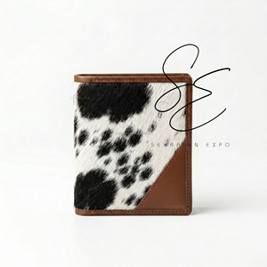 Vintage Brown Genuine Leather <b>Slim</b> Bifold Wallet Hair-On Cowhide <b>Card</b> & Cash <b>Holder</b> Minimalist Custom Logo Wallet for Men - Product Image 2