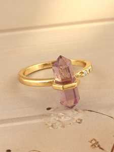 Amethyst Point Crystal Gold <b>Ring</b> | Hexagonal Pencil Stone Jewelry | Vintage Style IGI Certified Buddhism Healing <b>Quartz</b> <b>Rings</b> | - Product Image 2