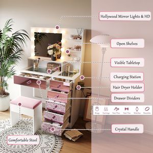 Toeletta Rosa con Finitura Lucida, Piano in Vetro e 11 Lampadine Stile Hollywood, 3 Modalità di Illuminazione, Cassetti e Ripiani - Product Image 4