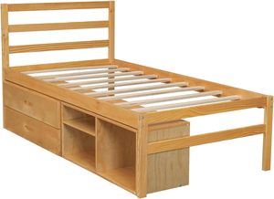 Durable Twin Size Wood <b>Platform</b> <b>Bed</b> Comfortable Removable <b>Storage</b> Shelves Two Built-In Drawers for Bedroom Living Room Hotels - Product Image 4