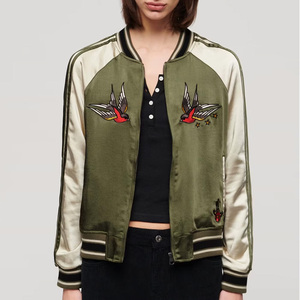 Women Varsity <b>Jacket</b> Olive Green Satin Embroidered Birds Full Sleeve Zipper Front Regular Fit Autumn Style - Product Image 5