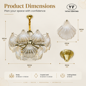Lustre moderne de luxe en cristal avec design de feuilles transparentes, structure en fer doré, 15 ampoules pour salon, salle à manger, hall d'entrée - Product Image 3