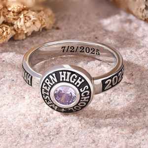 Anillo de Graduación Universitario Personalizado BOJ School Ring 075, Anillo de Colegio Secundario para Ella, con Piedra de Nacimiento, Plata 925, ¡Oferta! - Product Image 1