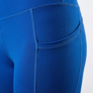 High Waist Full Length Yoga <b>Leggings</b> With Pockets <b>Blue</b> Solid Color Spandex Nylon Four-Way Stretch Seamless Design - Product Image 5